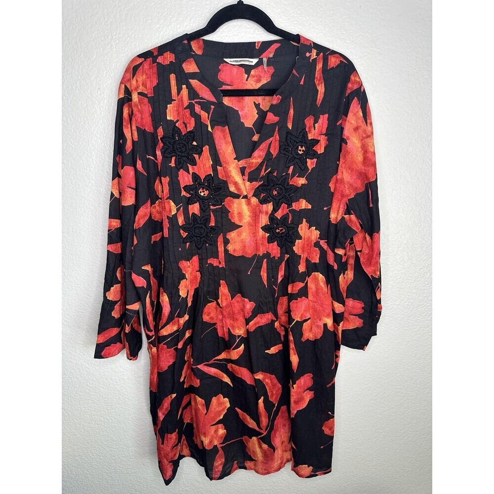 Soft Surroundings Tunic Top Womens 2XL Black Red Floral Embroidered Boho Blouse